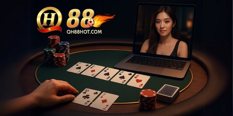 Bàn chơi Poker trực tuyến với giao diện 3D rõ nét, tương tác người chơi trực tiếp.