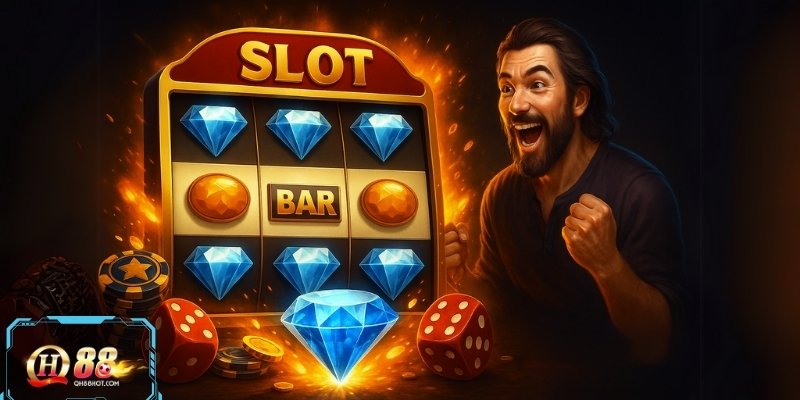 Giao diện slot game kim cương tại QH88, hiệu ứng nổ hũ sống động, âm thanh chân thật.