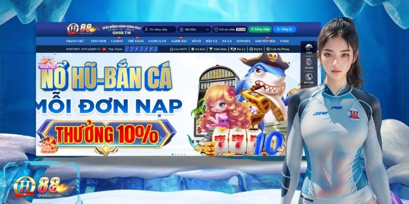 Giao diện trang chủ QH88 nổi bật với các danh mục cược hấp dẫn.
